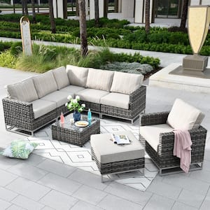 Aries Gray 8-Piece No Assembly Wicker Outdoor Patio Conversation Sectional Sofa Set with Striped Beige Cushions