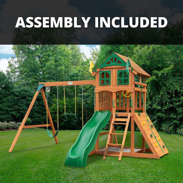 Gorilla Playsets Professionally Assembled Outing III Kids Outdoor Playground Set with Wood Roof, Slide, Sandbox, Rock Wall, and Swing Set