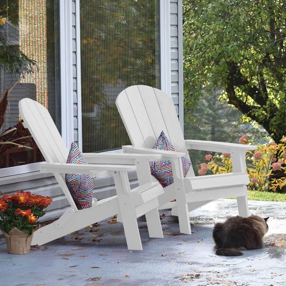 Mximu White Plastic Outdoor Folding Adirondack Chair with Cup