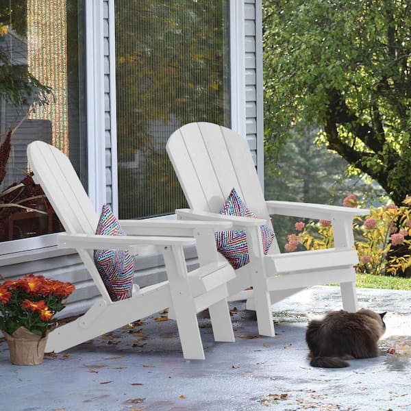 Mximu White Plastic Outdoor Folding Adirondack Chair with Cup Holder (2-Pack)