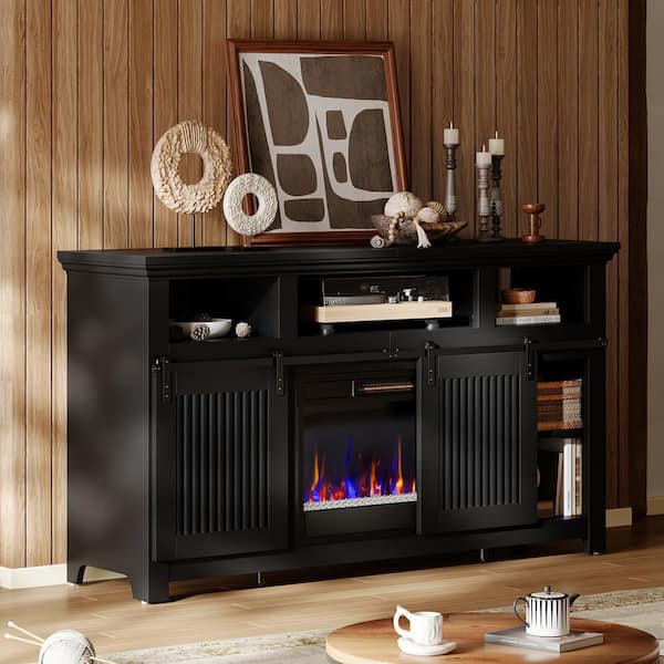 61 in. Freestanding Electric Fireplace TV Stand in Black Fits TV's Up to 65 in.