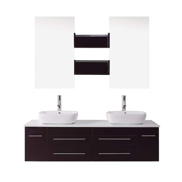 Virtu USA Augustine 60 in. W x 22 in. D Vanity in Espresso with Stone Vanity Top in White with White Basin and Mirror