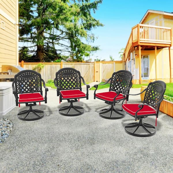 Isabella Swivel Cast Aluminum Patio Outdoor Dining Chair with Red Cushions (4-Pack)