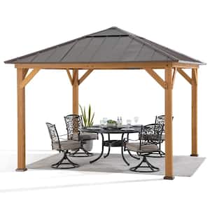 11 ft. x 11 ft. Outdoor Patio Cedar Framed Hardtop Gazebo with Brown Steel Hip Roof and Frosted Polycarbonate Skylight