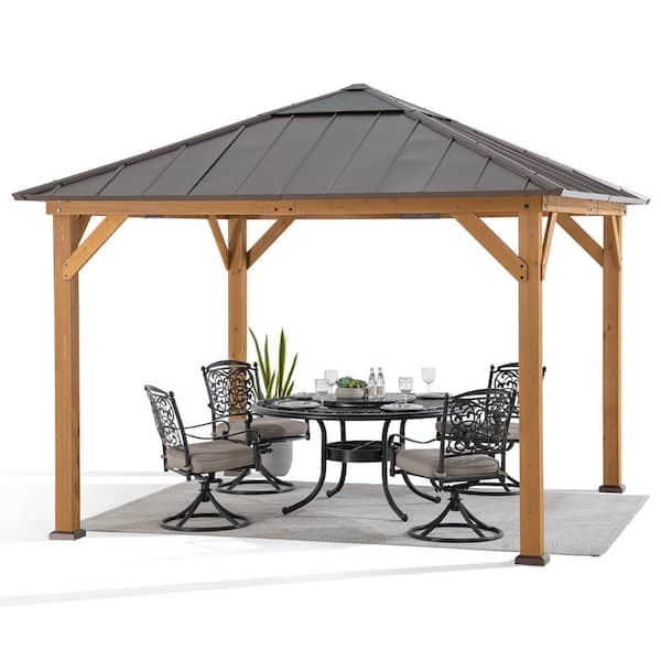 Sunjoy 11 ft. x 11 ft. Outdoor Patio Cedar Framed Hardtop Gazebo with Brown Steel Hip Roof and Frosted Polycarbonate Skylight