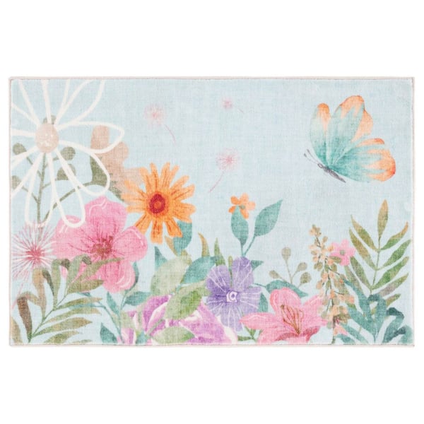 Door And Kitchen Mat Aqua/Pink 2 ft. x 4 ft. Machine Washable Floral Garden Area Rug