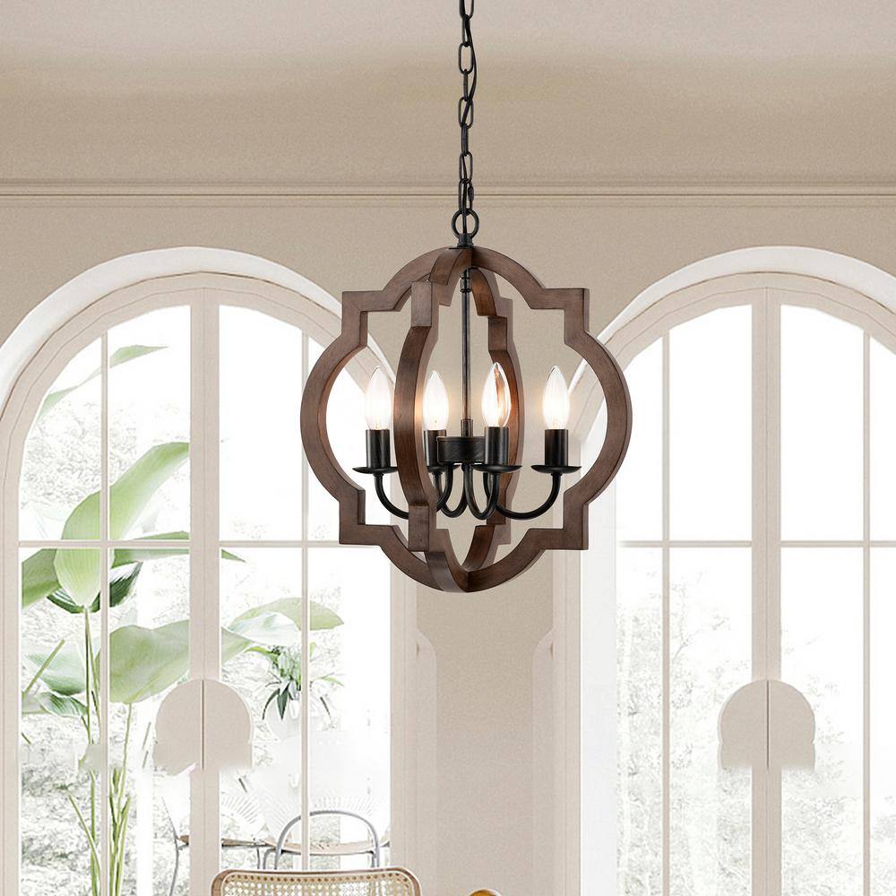 Antique Black and Brown Natural Wood 4-Light Candle Chandelier