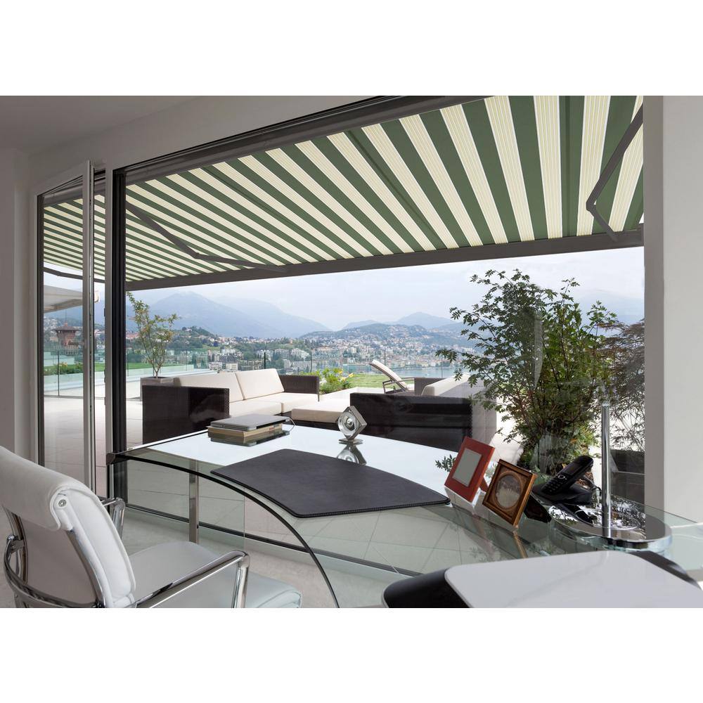 13 ft. Forest Green and Cream Striped Motorized Patio Awning with Gray Aluminum Frame