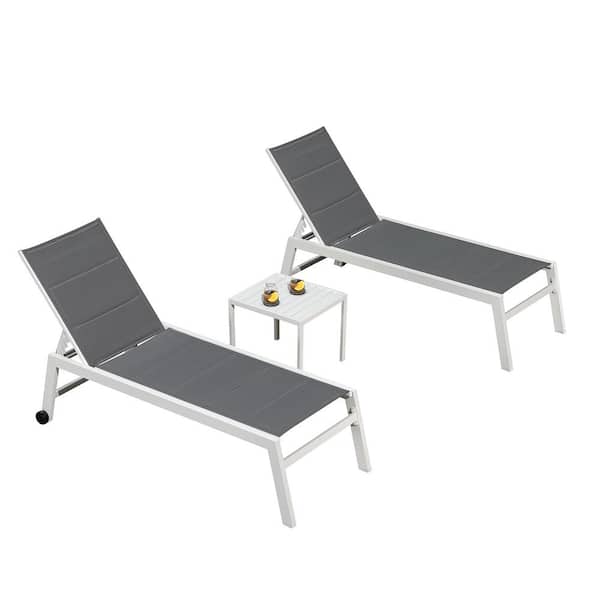 3-Pieces Aluminum Outdoor Chaise Lounge Set Chaise Lounger with Side Table and Wheels for Outside Beach Sunbathing
