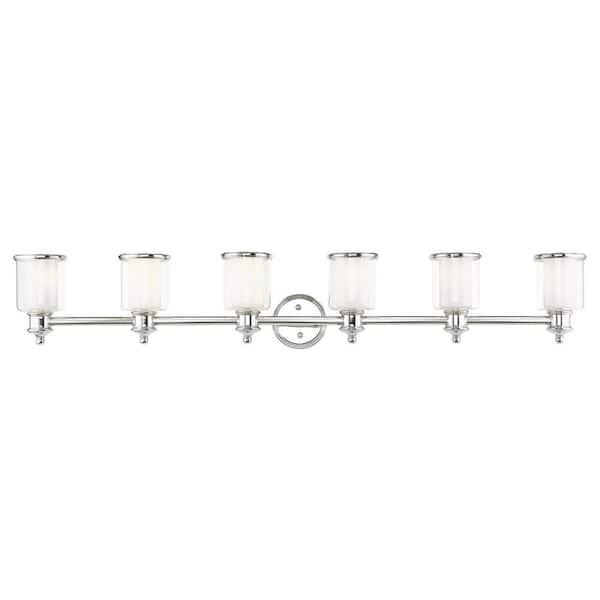 Bellington 55 in. 6-Light Polished Nickel Vanity Light with Clear Outer Glass and Satin Opal Inner Glass