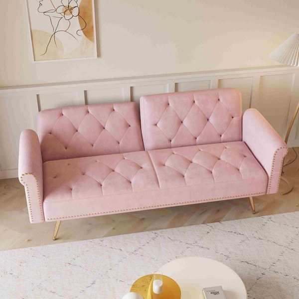 67.7 in. Square Arm Velvet Rectangle Sofa with Sofa Bed and Pillows in Pink (Seats 2)