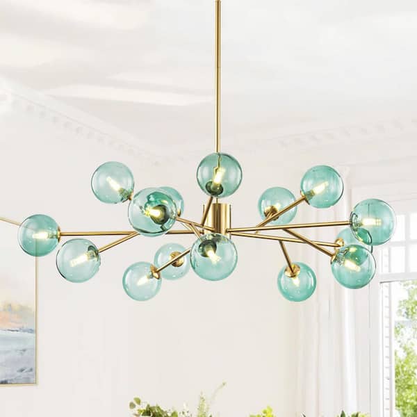 Hannah 15-Light Modern Glam Gold Linear Sputnik Green Glass Globe Bubble Chandelier
