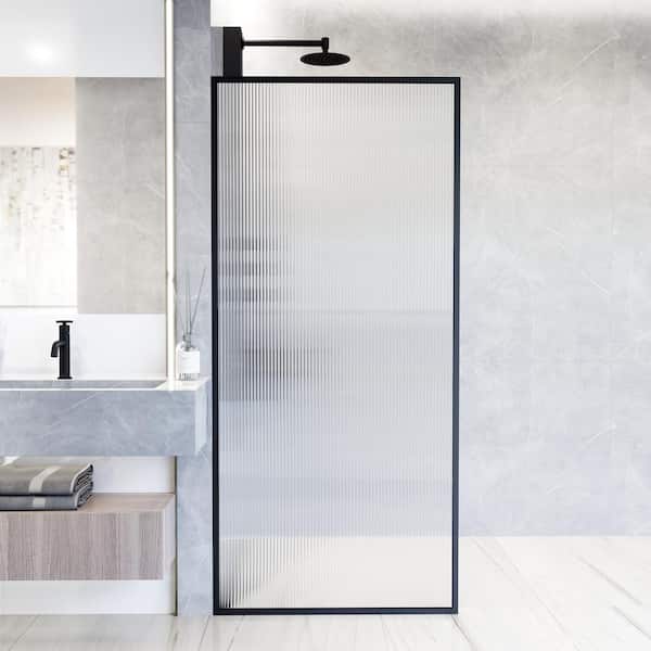 VIGO Meridian 34 in. W x 74 in. H Framed Fixed Shower Screen Door in Matte Black with 3/8 in. (10mm) Fluted Glass