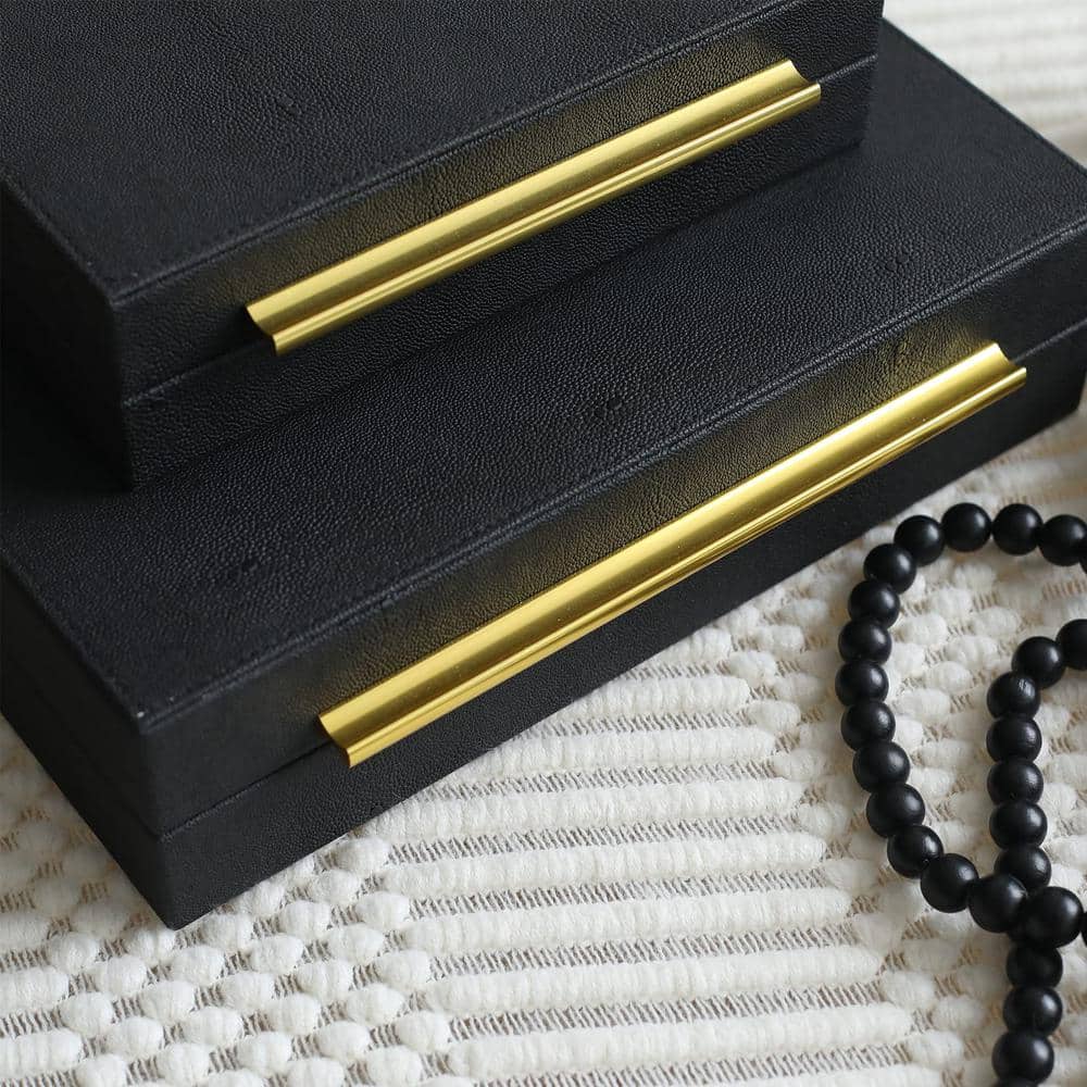 Black Faux Leather Rectangular Decorative Storage Boxes with Gold Handles, Set of 3