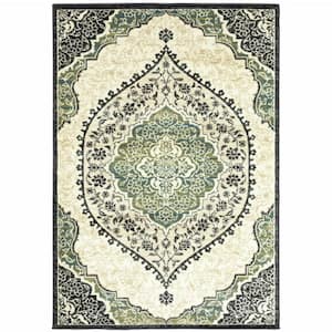 Ivory Navy and Green  4 ft. x 6 ft. Oriental Power Loom Stain Resistant Area Rug
