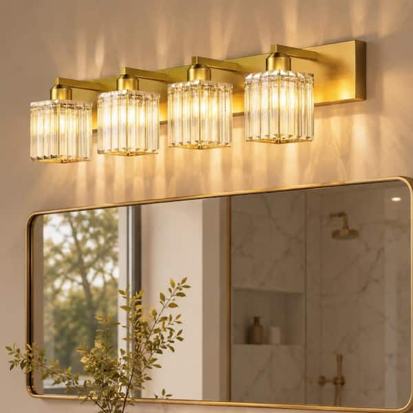 32 in. 4-Light Modern Crystal Bathroom Vanity Light Fixture, Gold Finish with Clear Glass Shades