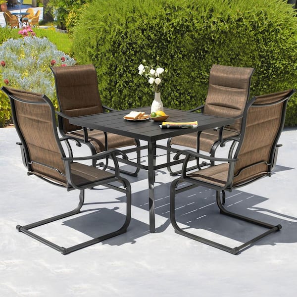 Nuu Garden Brown 5-Piece Textilene and Iron Metal Square Outdoor Dining Set with 1.57 in. Umbrella Hole