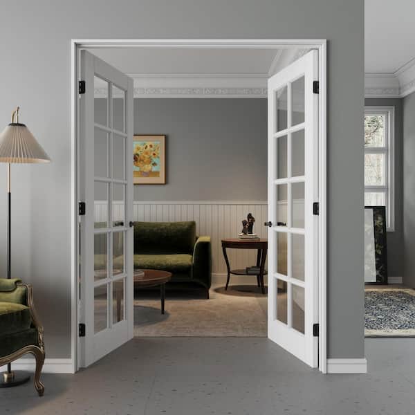 56 in. x 80 in. 10-Lite Clear Glass Universal White Solid Core Glass Double Prehung French Door+ Quick Assemble Jamb