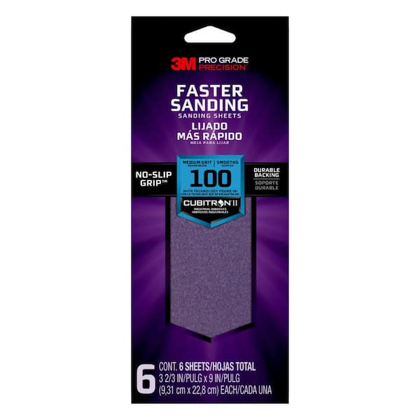 3M Pro Grade Precision Faster Sanding Sanding Sheets, 3 2/3 in x 9 in, 100 grit, Medium, 6/pk