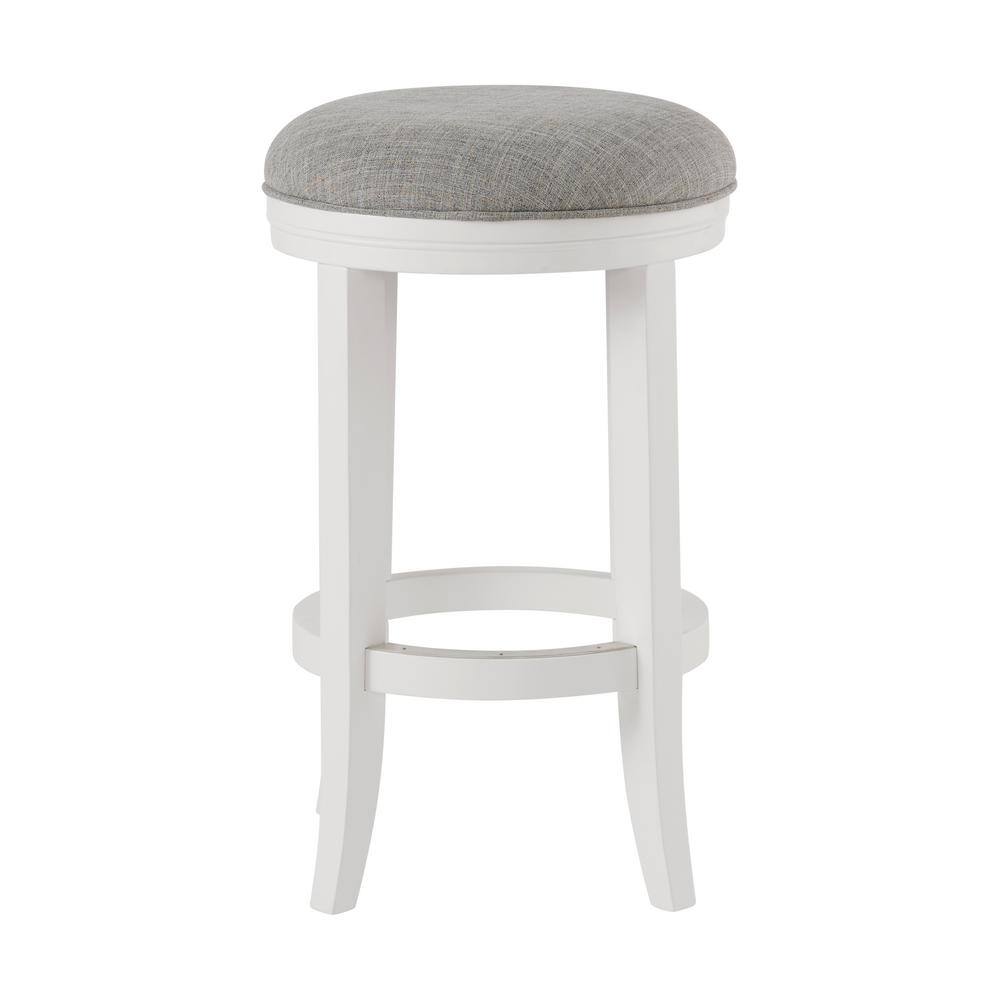 Elegant Backless Counter Height Stool in White Leather & Rubberwood