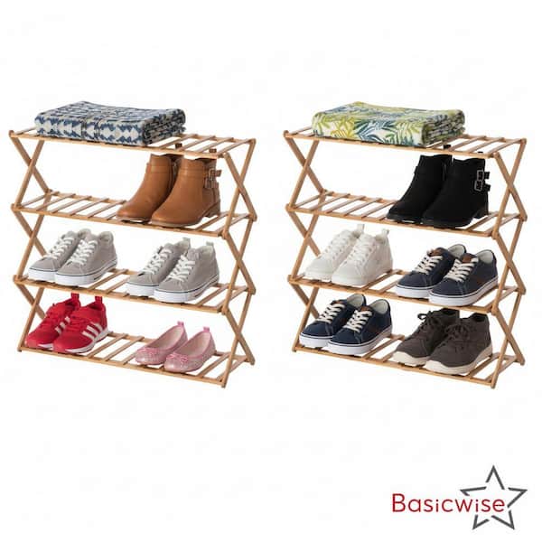 26 in. H 12-Pair Natural Bamboo Shoe Rack Set of 2 Foldable Bamboo Shoe Rack and Storage Shelf, 4-Tier