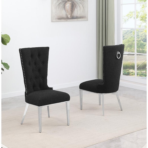 Best Quality Furniture Shirley Black Boucle Fabric Side Chair Set of 2 with Stainless Steel Legs