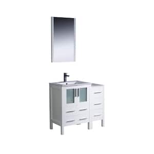 Torino 36 in. Vanity in White with Ceramic Vanity Top in White with White Basin with Mirror and 1 Side Cabinet