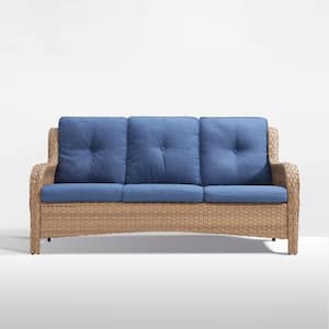 ArcoBay Metal and Yellow Wicker Outdoor 3-Seat Sectional Couch Sofa with Olefin Navy Blue Cushions