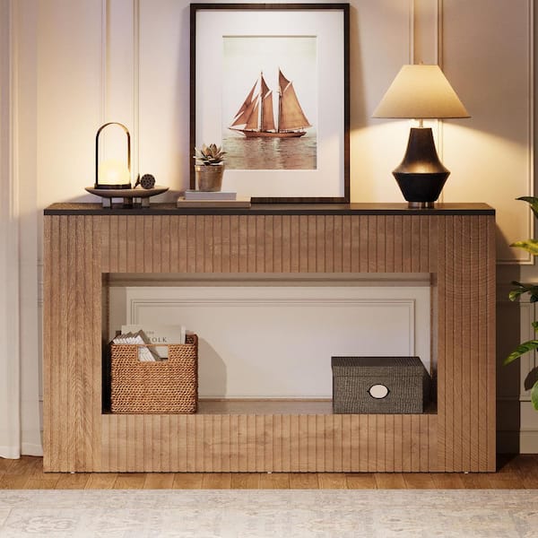 Benjamin 55 in. Brown Rectangle Wood Console Table with Storage, Long Sofa Table Behind Couch for Living Room Hallway