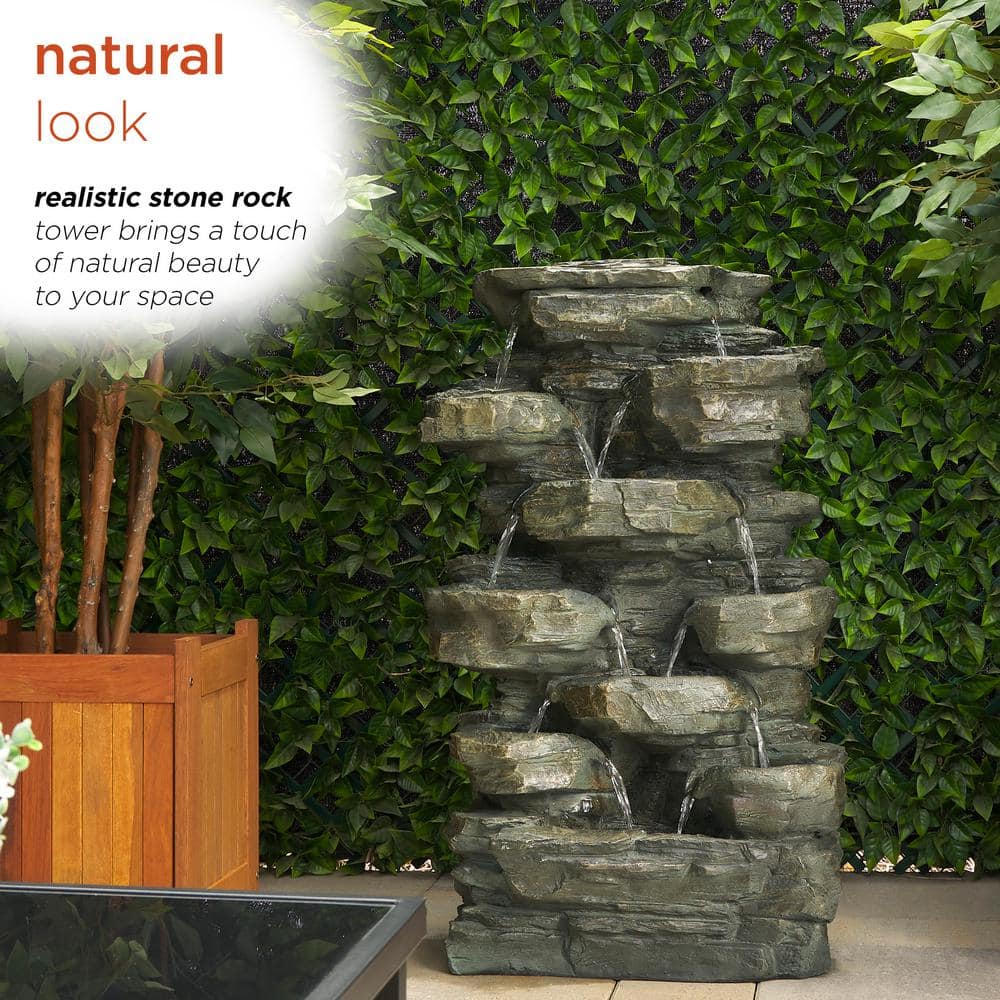 Gray Stone 39" Solar Powered Tiered Rock Fountain with LED Lights