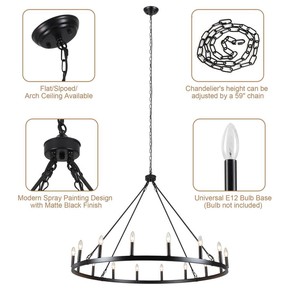 Matte Black 47-Inch Metal Candle Wagon Wheel Chandelier