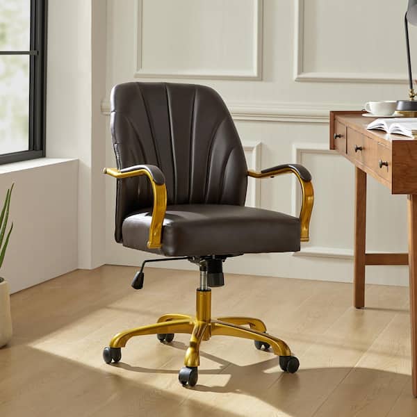 JAYDEN CREATION Stephanie Leather Wood Swivel Tilting Task Chair in Brown with Channel Tufted Back