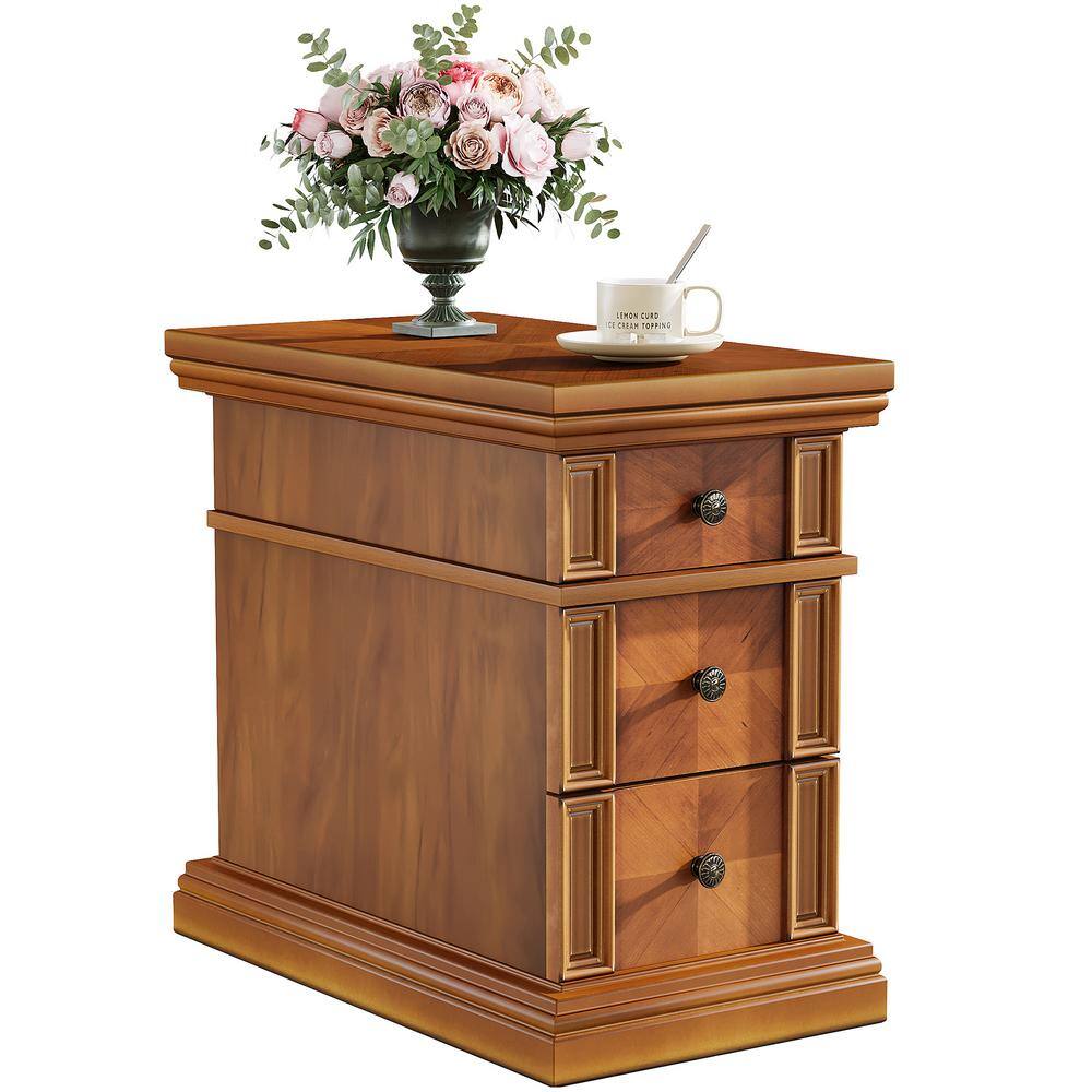 Kerlin 23.62 in. Walnut Mid-Century Modern Side Table Cabinet, Rectangle Wood End Table Cabinet Nightstand with 3-Drawer