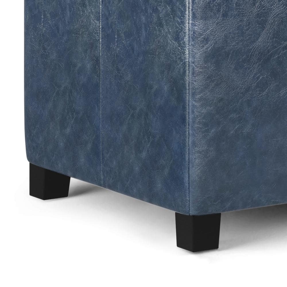 Denim Blue Tufted Faux Leather Storage Footstool