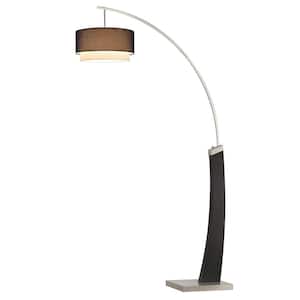 Yosiah 81 in Black/Brushed Steel LED Arched tree Floor Lamp with Linen Doble Shade and Wood Base,