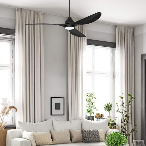 56 in. Black Finish Flat Black Blades Angled Mount Damp Propeller Outdoor Ceiling Fan w/ Hardwire Wall Control Included