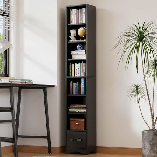 Tall Narrow Bookshelf with Adjustable Shelves 70.9 in. Slim Storage Cabinet, Black 7 Cubes and Drawer Accent Cabinet
