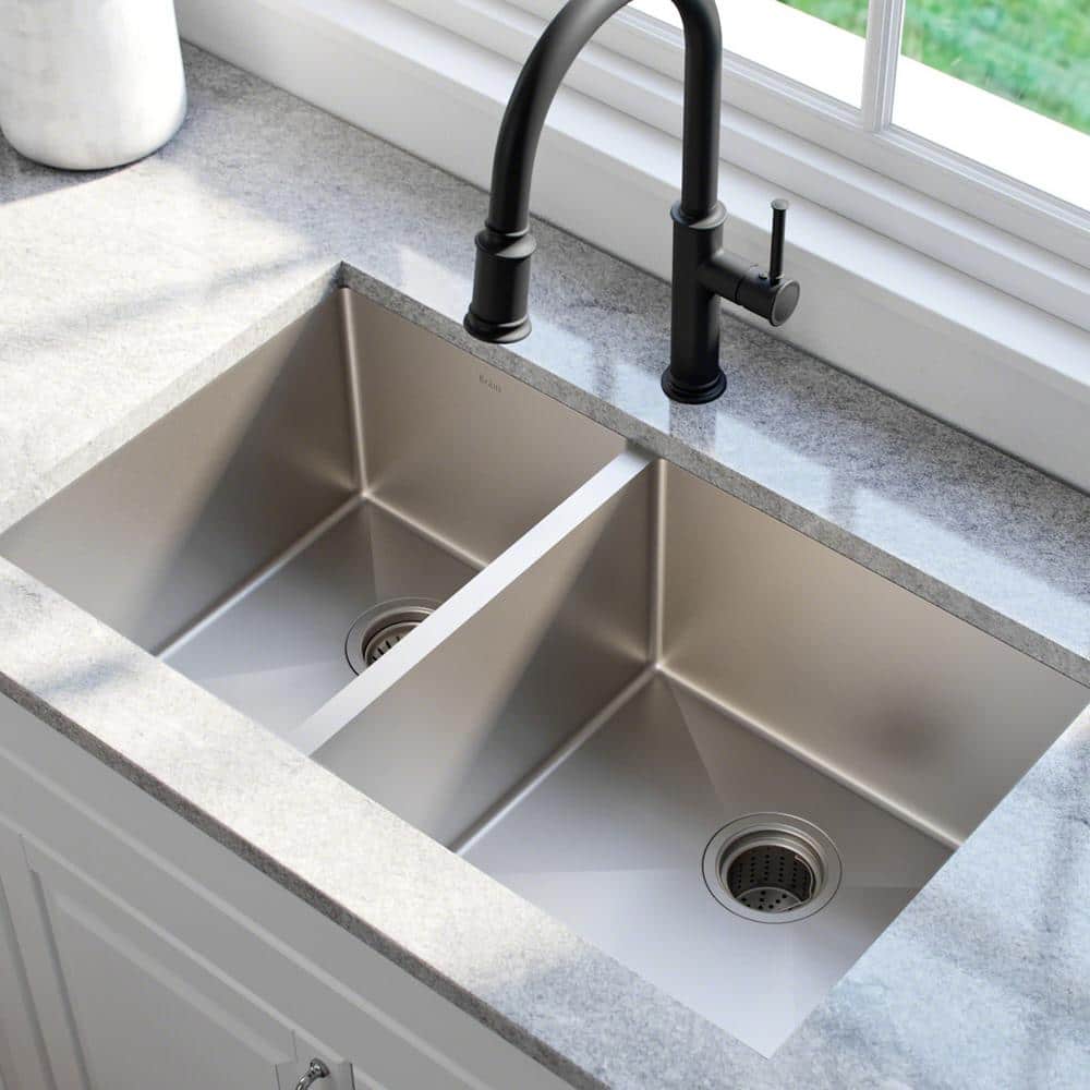 Kraus 33'' Satin Stainless Steel Double Bowl Undermount Kitchen Sink