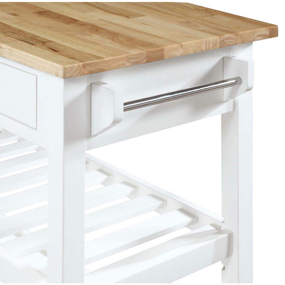 Transitional Butcher Block Kitchen Cart with Wine Storage - White & Natural