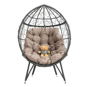 Black Wicker Steel Frame Outdoor Egg Lounge Chair with Light Brown Cushion