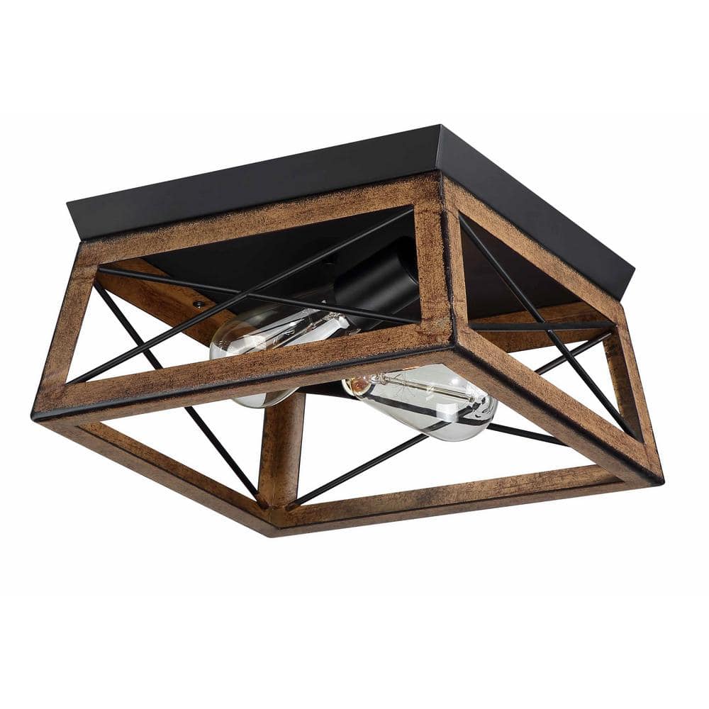 Matte Black and Barnwood 2-Light Farmhouse Flush Mount