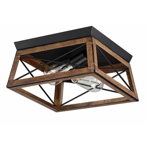 Hukoro Mousse 12 in. W. 2-Light Flush Mount with Matte Black Finish and Barnwood Accents