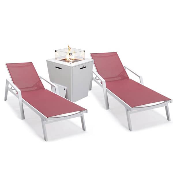Leisuremod Marlin Modern White Aluminum Outdoor Chaise Lounge Chair With Arms Set of 2 and Fire Pit Table, Burgundy