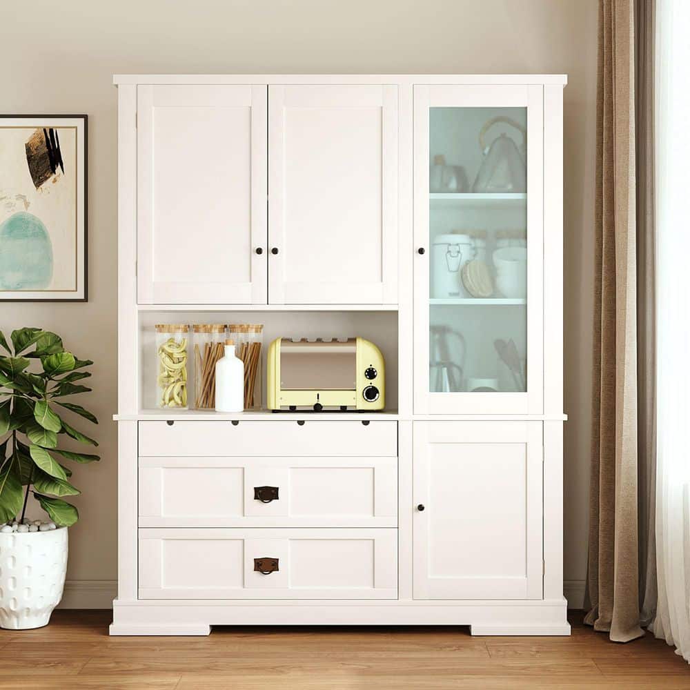 Lebana White Wood Freestanding Buffet with 4-Shelves and 2-Drawers, Large Kitchen Pantry Storage Cabinet