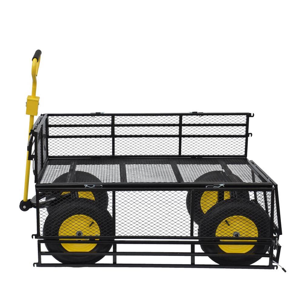 Large Black and Yellow Metal Garden Cart with Pneumatic Tires