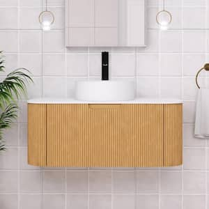 36 in. W x 19 in. D x 19 in. H Single Sink Wall-Mounted Bath Vanity in Natural Wood with White Engineered Marble Top