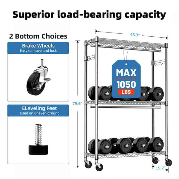 15.7 in. D x 45.3 in. W x 79.6 in. H 5-Pair Chrome Metal Shoe Rack Garment Rack with Wheels, 2 Rods and Side Hooks