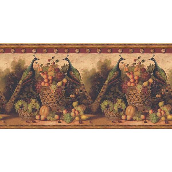 The Wallpaper Company 13.5 in. x 15 ft. Red Earth Tone Peacocks and Fruit Border-DISCONTINUED