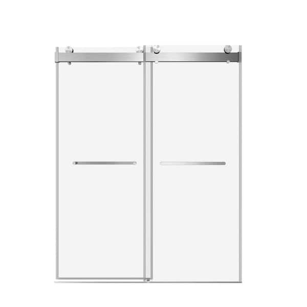 JimsMaison 72 in. W x 76 in. H Double Sliding Frameless Shower Door in Brushed Nickel Finish with Tempered Glass