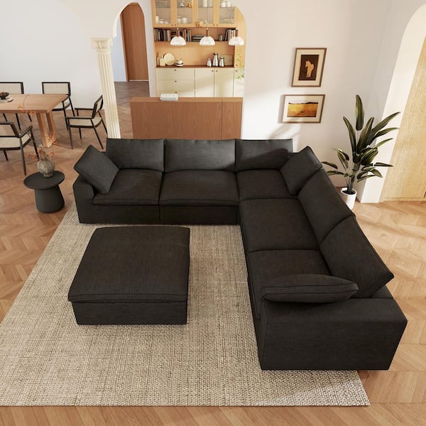 Down Filled 118 in. Square Arm 6-Piece Linen U Shaped Cloud Modular Sectional Sofa Couch with Ottoman, Covers in Black